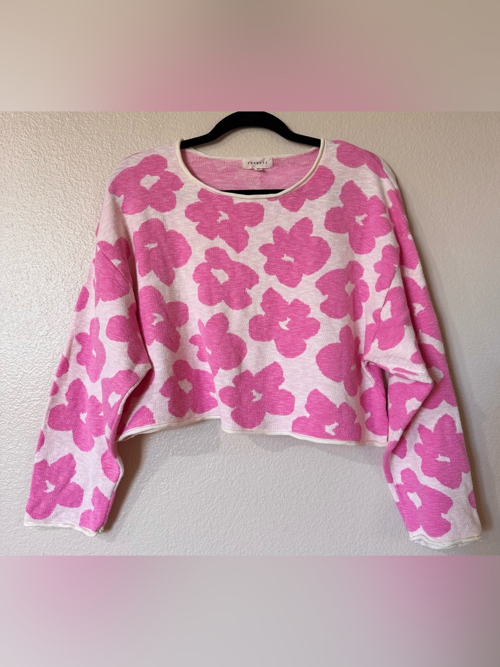 Promesa Abstract Garden Floral Jacquard Cropped Sweater Pink Cream M